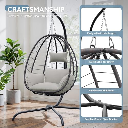 ALAULM Foldable Egg Chair with Stand, 485LBS Capacity Wicker Rattan Hammock S...
