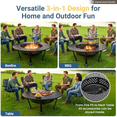 43" Large Fire Pit for Outside with 2 Adjustable Grills,Lid & Fire P...