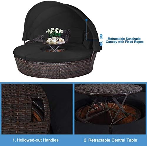 HAPPYGRILL Outdoor Daybed with Canopy, Wicker Rattan Sectional Sofa with Coff...