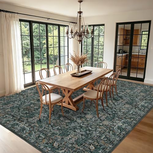 Vintage Botanical Area Rug 9x12: Floral Carpet Non-Slip - Dark Green