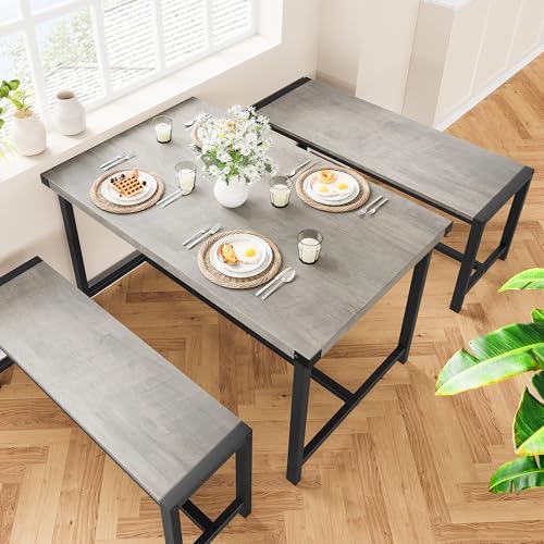 Dining Table Set for 4 with 2 Benches, 3-Piece Kitchen Table Set, Space-Savin...