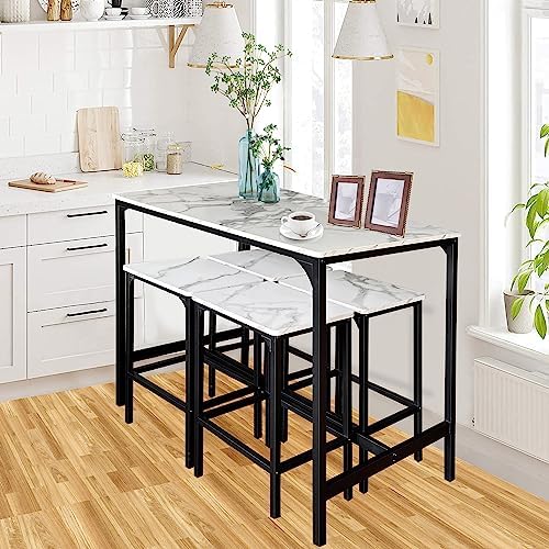 T-VALY 5-Piece Bar Table Set with 4 Stools, Black&White