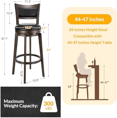 PrimeZone Swivel Bar Stools Set of 2, 34 Inch Extra Tall Bar Height