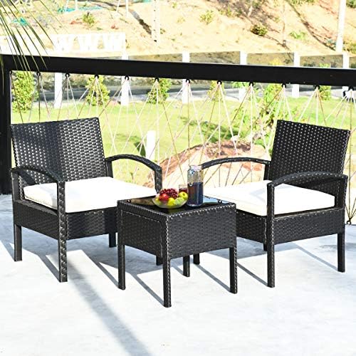 Tangkula 3 Piece Patio Conversation Set, Outdoor Rattan Sofa Set with White S...