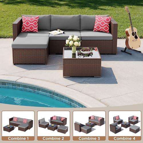 Aiho 5 Pieces Patio Furniture Set All-Weather Outdoor Wicker Sectional Patio ...