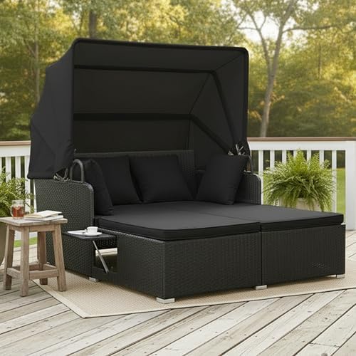 Tangkula Patio Rattan Daybed with Retractable Canopy, Outdoor Wicker Sunbed L...