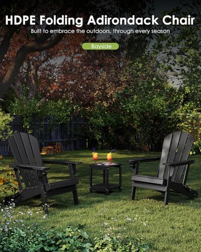 GREENVINES Folding Adirondack Chairs Set of 2 w/Cup Holder, HDPE, Black