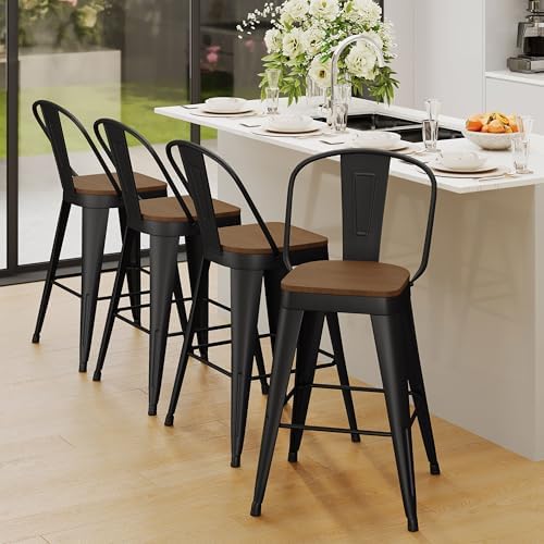 Andeworld Metal Bar Stools Set of 4, 24" Counter Height with Backs, Black