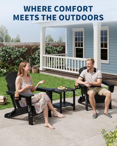 HDPE Folding Adirondack Chair Set of 2 with Side Table, Black