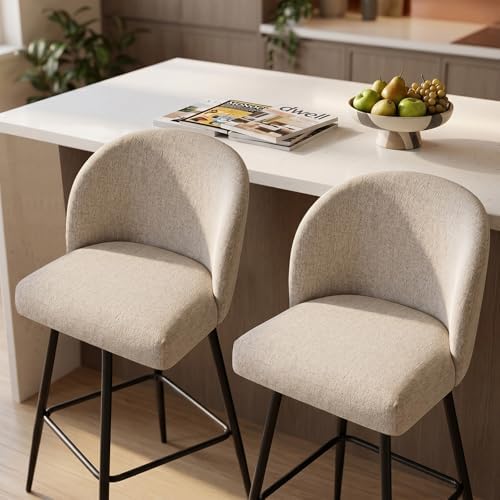 Counter Height Bar Stools Set of 2, 360° Swivel Upholstered Barstools with Ba...