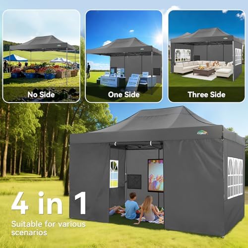 COBIZI 10x15 Heavy Duty Pop Up Canopy Tent with 4 Sidewalls, Gray