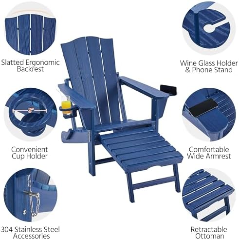 Yaheetech Adirondack Chairs 1pcs Outdoor Folding Set with Ottoman,Navy Blue