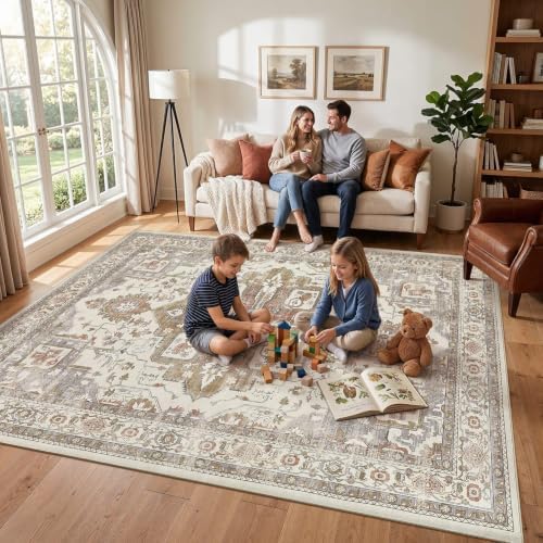 Vintage Washable 9x12 Area Rug for Living Room, Golden Taupe