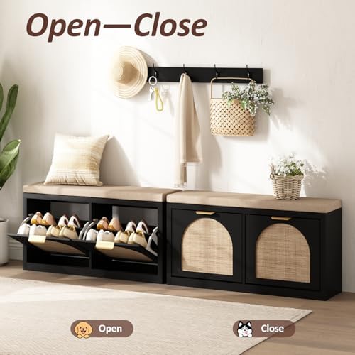 Rattan Narrow Entryway Bench with Shoe Storage, 2 Flip Drawers & Coat Rac...