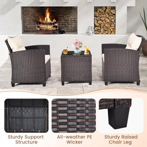 ORALNER 3 Pieces Patio Furniture Set, Outdoor Wicker Bistro Set (White)