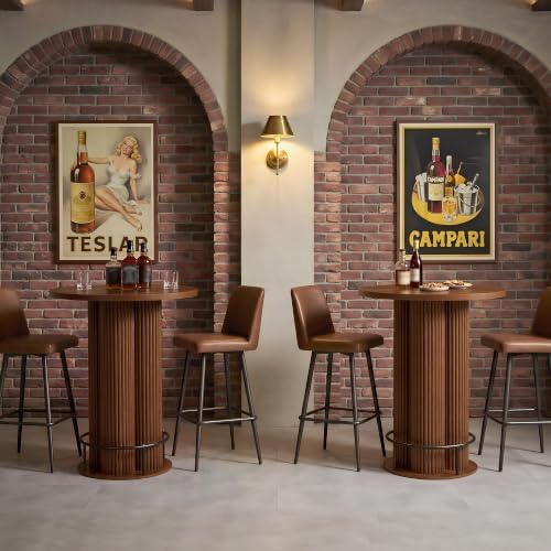 Round Bar Table 39.37" H Wood Fluted Bistro Pub Table (Walnut)