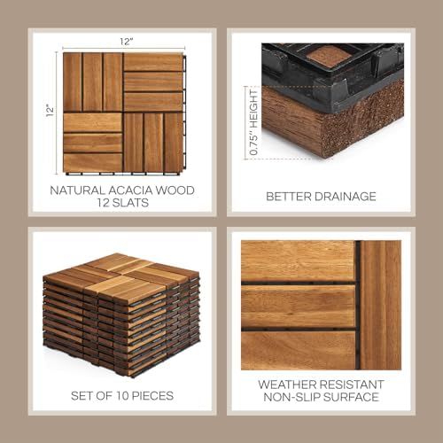 THYOI Premium Deck Tiles, 10 Pcs Patio Flooring - Golden Teak - Crossed