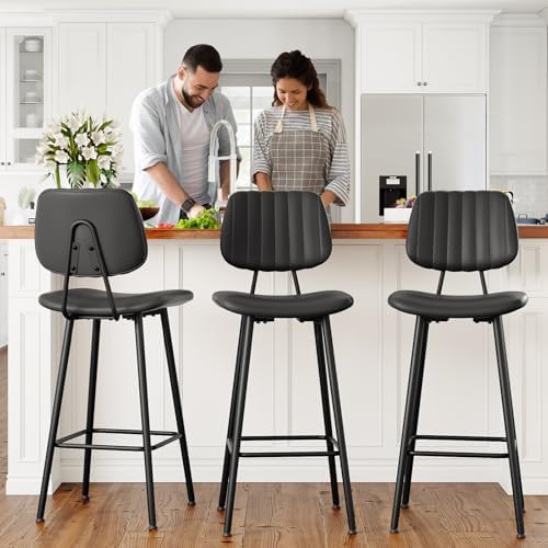 Raynesys 29-Inch Leather Bar Stools Set of 2 with High Backrest, Black