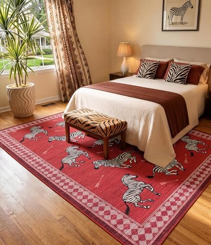 YIHOUSE Red Zebra Area Rugs 6×9, Washable Animal Print Rug with Checkered Bor...