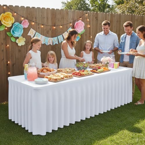 White Spandex Table Covers 6ft Rectangle Table Skirts for Party 2 Pack