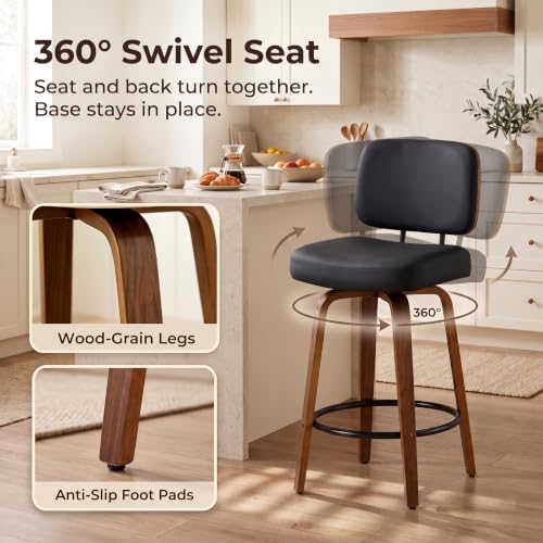 Counter Height Bar Stools Set of 2, 26+inch Swivel Faux Leather Barstool with...