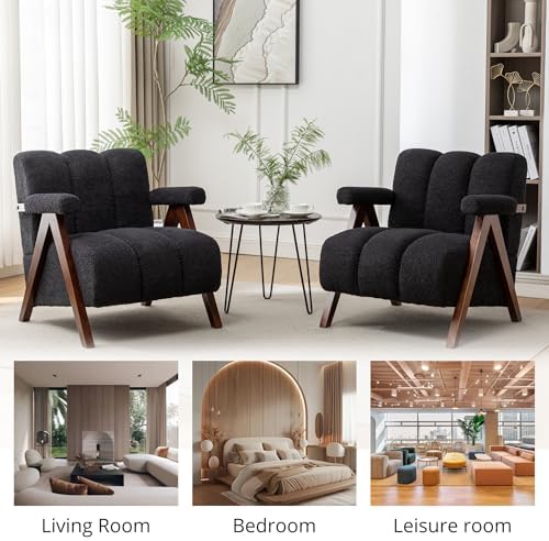 Mid Century Modern Accent Chair with Solid Wood Frame, Boucle Upholstered Liv...