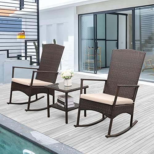 Outdoor HDPE Wicker Rocking Chair 3-Piece Patio Rattan Bistro Set 2 Rocker Ar...