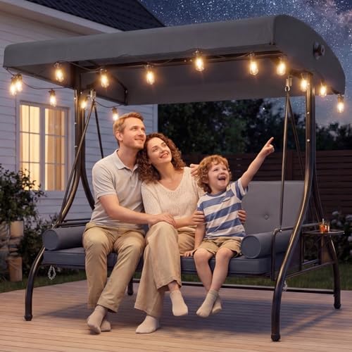 Aoxun Outdoor Porch Swing with Stand and Canopy, 3 Seats Outdoor Swings for A...