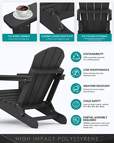 SERWALL Folding Adirondack Chair with Cup Holder Set of 2, Fire Pit - Black