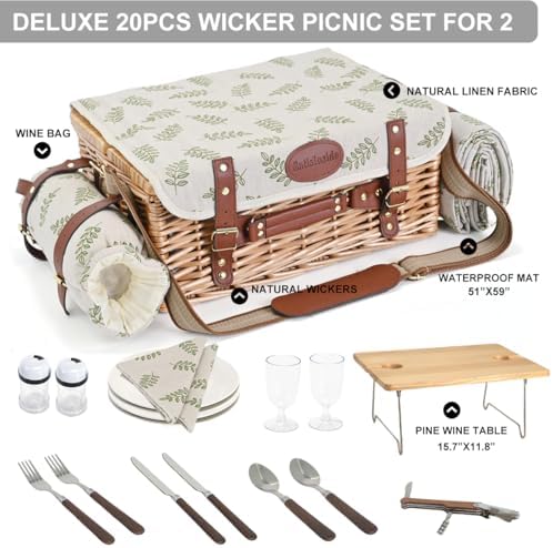 Multifunctional Wicker Picnic Basket Set for 2 with Blanket and Picnic Table,...