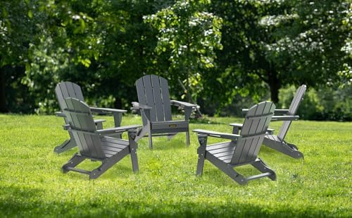 Folding Adirondack Chair, Wooden Textured Plastic Adirondack Chairs with 2 Cu...