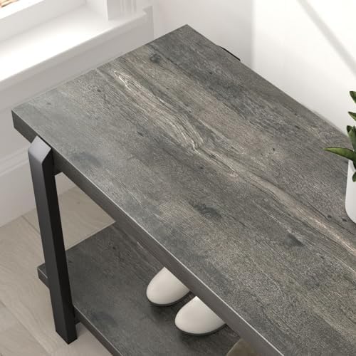 EXCEFUR Industrial Entryway Bench with Storage, Rustic Wood and Metal Shoe Ra...