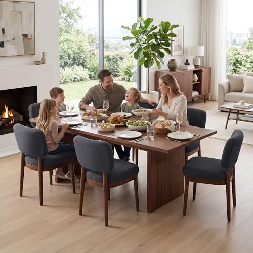 Wooden Dining Chairs Set of 6, Boucle Upholstered Kitchen Chairs with Solid W...
