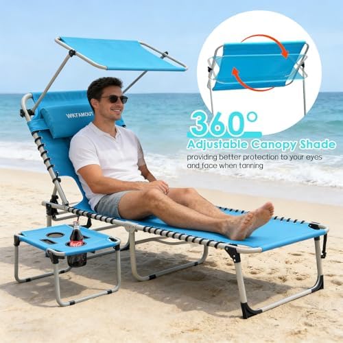 Outdoor Tanning Chair with Sun Canopy Shade & Face Hole, Folding Lounge C...