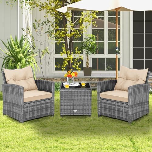 COSTWAY 3PCS Wicker Patio Furniture Set with Cushions for Balcony and Porch