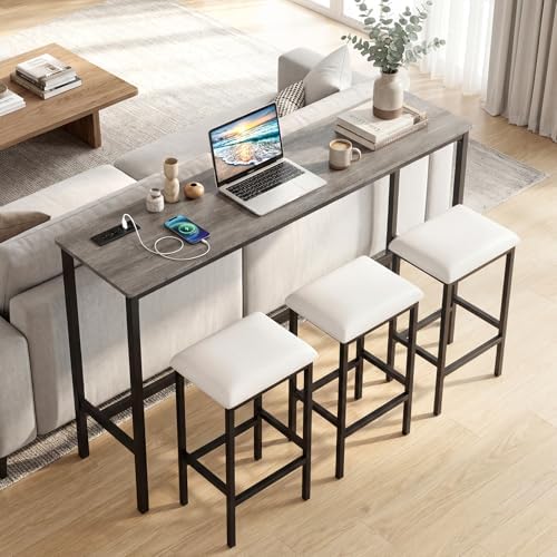 COSTWAY 4 Pieces Counter Height Bar Table Set with Power Outlet
