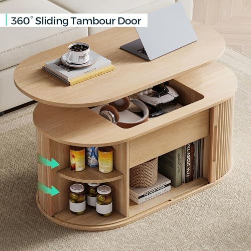 LINSY Lift Top Coffee Table, Oval Fluted Coffee Table with Storage, Boho Wood...