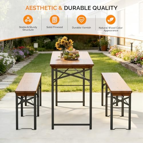 VINGLI 70 Inch Folding Picnic Tables with Benches Set, Weather-Resistant Wood...