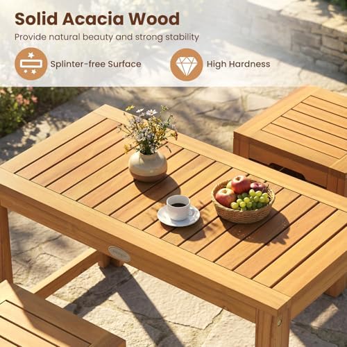 Tangkula Acacia Wood Outdoor Coffee Table with Stools Set of 2, 3 Pieces Pati...