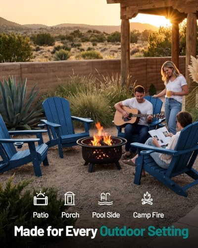 PLUUV Folding Adirondack Fire Pit Chairs Set of 2 with Cup Holders,Navy