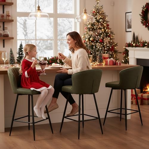 Green Leather Bar Stools Set of 2 Mid Century Modern Counter Stools 26 Inch C...