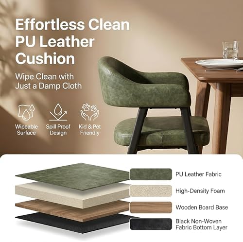 HNY Modern Dining Room Arm Chairs Set of 2, Green Retro Faux Leather Upholste...