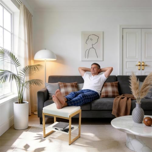 White Gold Vanity Stool, Vanity Chair Stools with a Lower Storage Shelf, Faux...