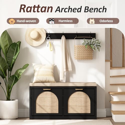 Rattan Narrow Entryway Bench with Shoe Storage, 2 Flip Drawers & Coat Rac...