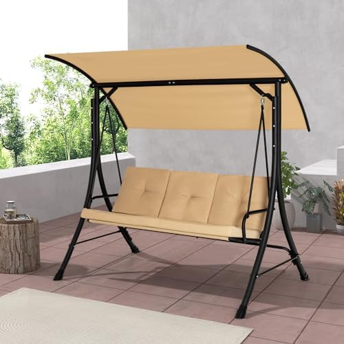 HAPPYGRILL 3-Seat Outdoor Porch Swing with Adjustable Canopy, Armrests, Metal...