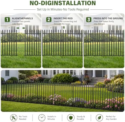 No Dig Decorative Garden Fence, 32in(H)×22ft(L), 10 Panels