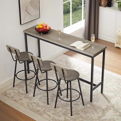 Long Bar Table Set with 3 PU Upholstered Bar Stools, Industrial Bar Table and...