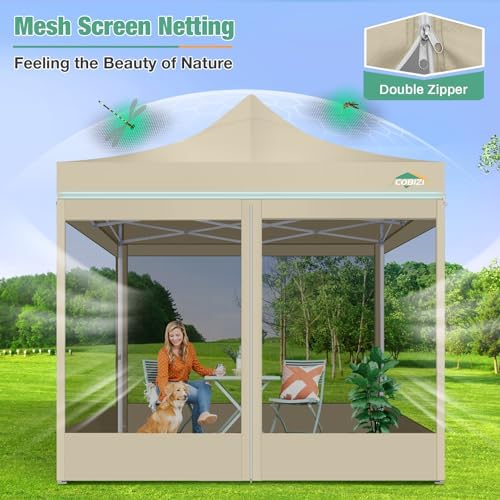 COBIZI 10x10 Heavy Duty Pop Up Canopy Tent with Mosquito Netting Sidewalls