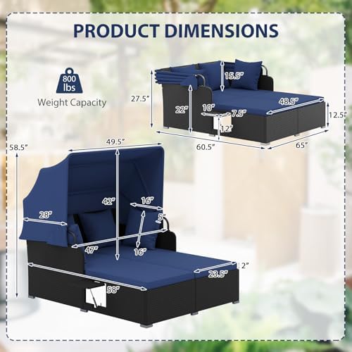 ORALNER Outdoor Daybed, 2-Person Wicker Patio Sofa with Retractable Canopy, C...