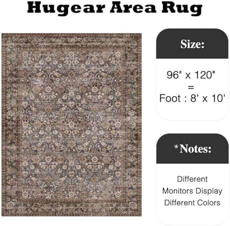 HUGEAR 8x10 Brown Blue Vintage Floral Washable Area Rug for Living Room